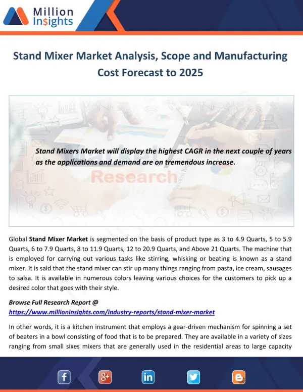Stand Mixer Market Analysis, Scope and Manufacturing Cost Forecast to 2025