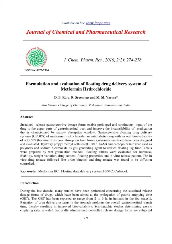Formulation and evaluation of floating drug delivery system of Metformin Hydrochloride