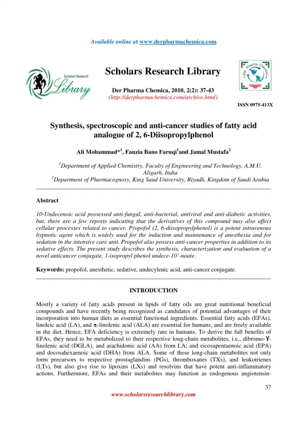 Synthesis, spectroscopic and anti-cancer studies of fatty acid analogue of 2, 6-Diisopropylphenol