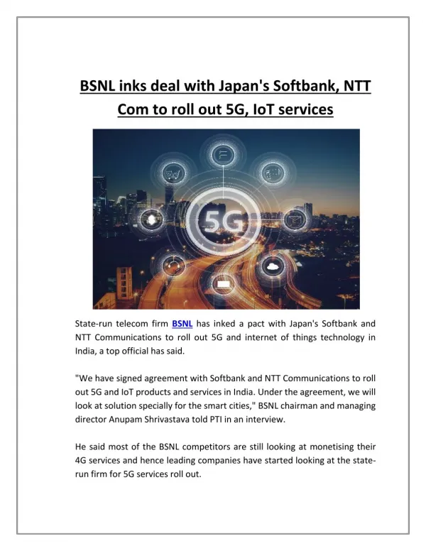 BSNL Inks Deal With Japan's Softbank, NTT Com to Roll Out 5G, IoT Services