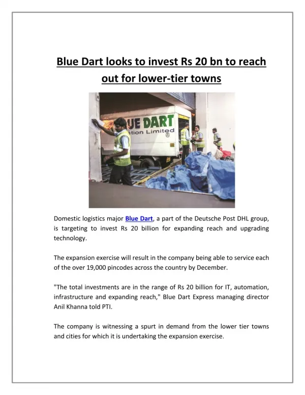 Blue Dart Looks to Invest Rs 20 Bn to Reach Out for Lower-tier Towns