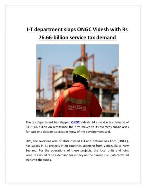 I-T Department Slaps ONGC Videsh With Rs 76.66-Billion Service Tax Demand