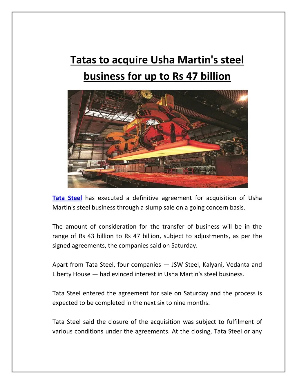 tatas to acquire usha martin s steel business