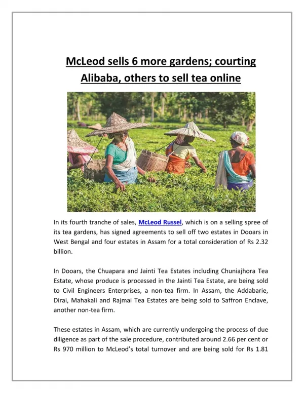 McLeod Sells 6 More Gardens; Courting Alibaba, Others to Sell Tea Online