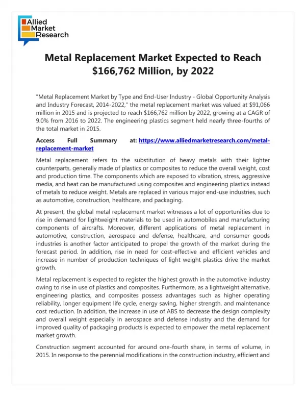 Metal Replacement Market Expected to Reach $166,762 Million by 2022