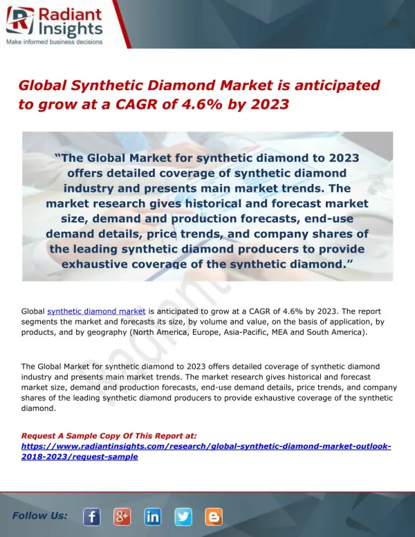 Global Synthetic Diamond Market is anticipated to grow at a CAGR of 4.6% by 2023