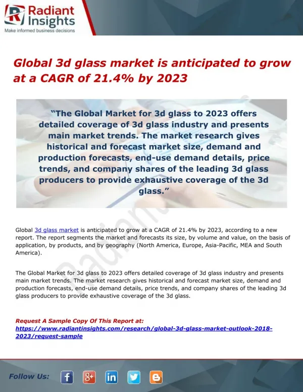 Global 3d glass market is anticipated to grow at a CAGR of 21.4% by 2023