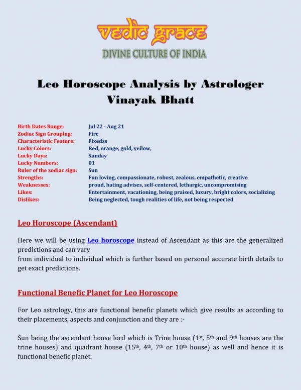 Leo Horoscope Analysis by Astrologer Vinayak Bhatt