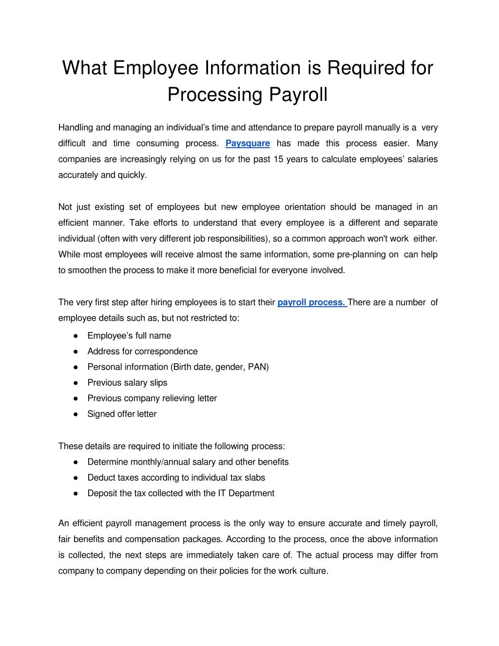 what employee information is required for processing payroll