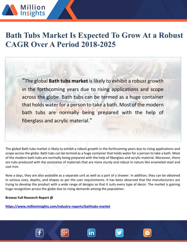 Bath Tubs Market Is Expected To Grow At a Robust CAGR Over A Period 2018-2025