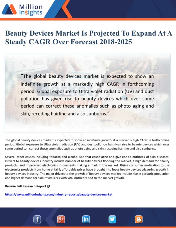 Beauty Devices Market Is Projected To Expand At A Steady CAGR Over Forecast 2018-2025