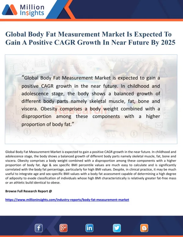 Global Body Fat Measurement Market Is Expected To Gain A Positive CAGR Growth In Near Future By 2025