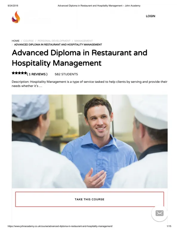 Advanced Diploma in Restaurant and Hospitality Management - John Academy