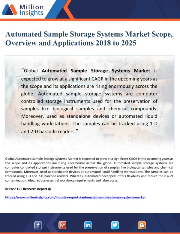 Automated Sample Storage Systems Market Scope, Overview and Applications 2018 to 2025