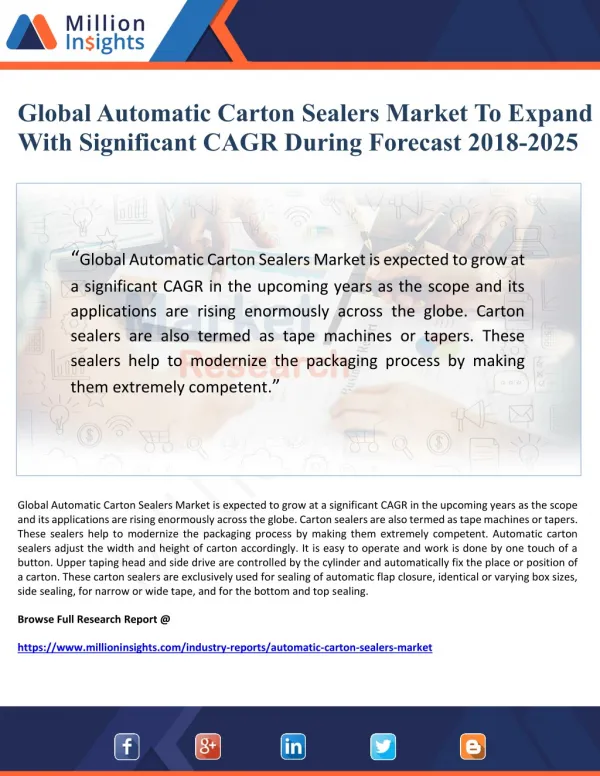 Global Automatic Carton Sealers Market To Expand With Significant CAGR During Forecast 2018-2025