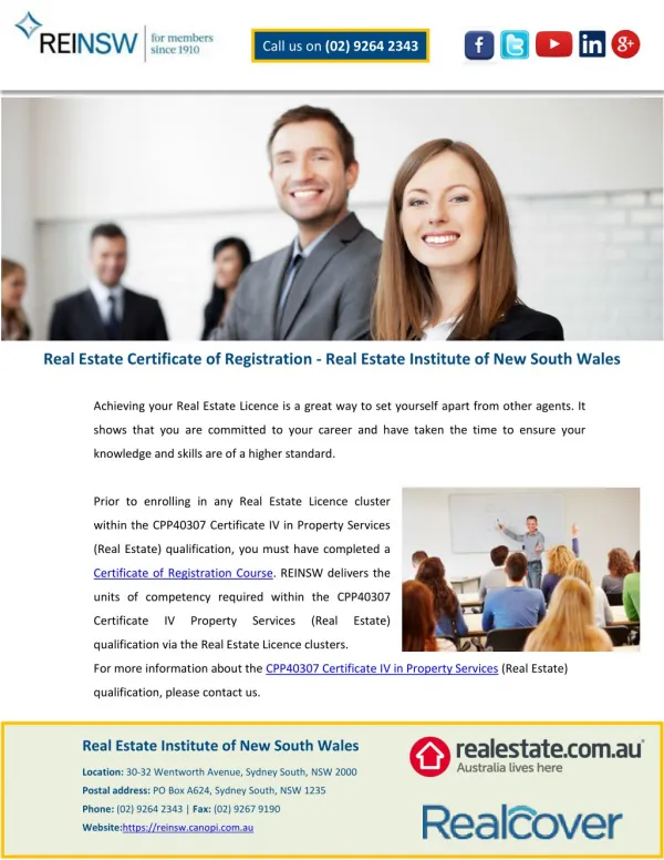 Real Estate Certificate of Registration - Real Estate Institute of New South Wales