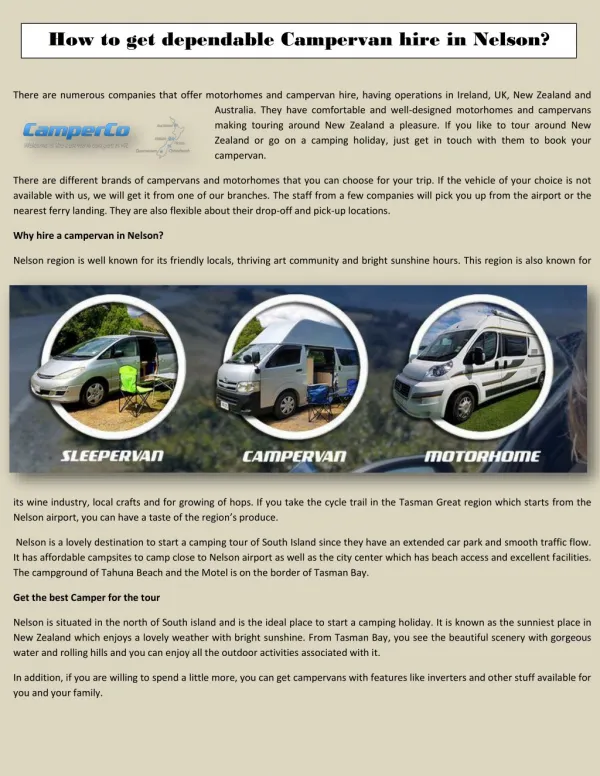 How to get dependable Campervan hire in Nelson?