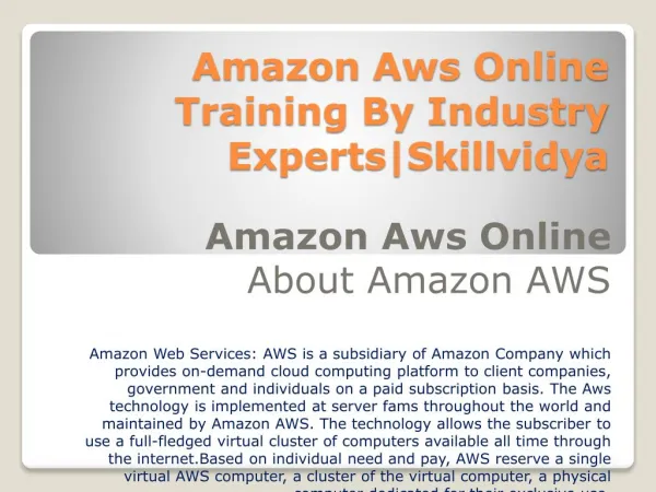 Amazon Aws Online Training By Industry Experts|Skillvidya