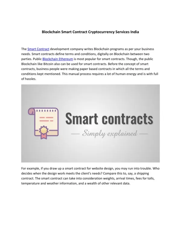 Blockchain Smart Contract Cryptocurrency Services India