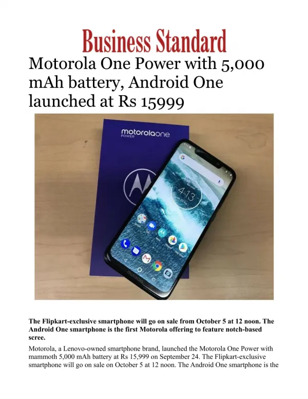 Motorola One Power with 5,000 mAh battery, Android One launched at Rs 15999