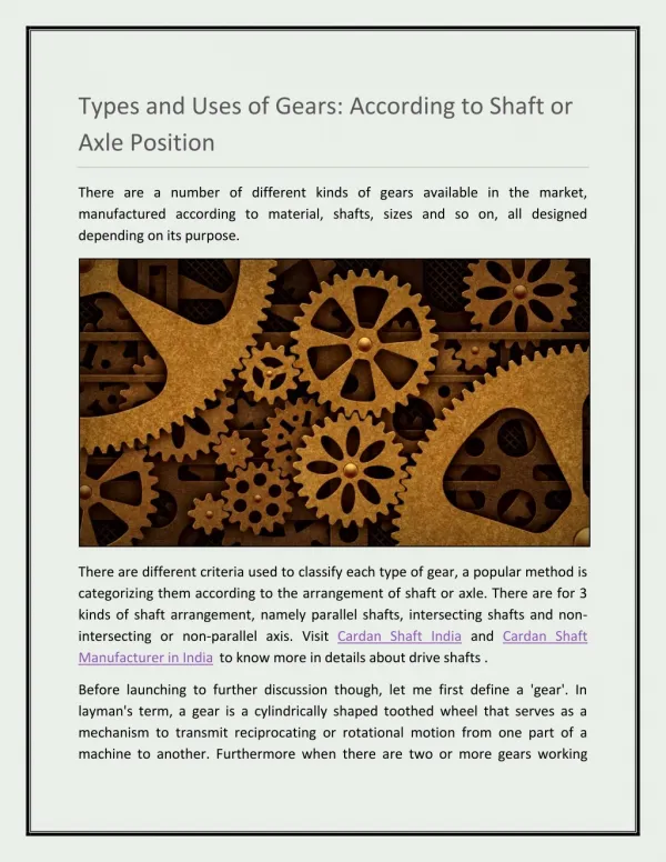 Types and Uses of Gears: According to Shaft or Axle Position