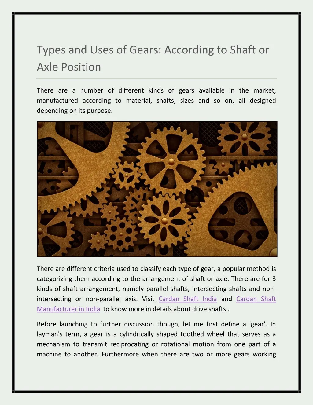 types and uses of gears according to shaft