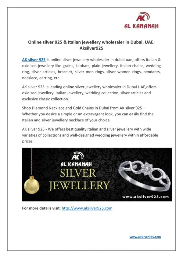 Online silver 925 & Italian jewellery wholesaler in dubai, UAE: Aksilver925