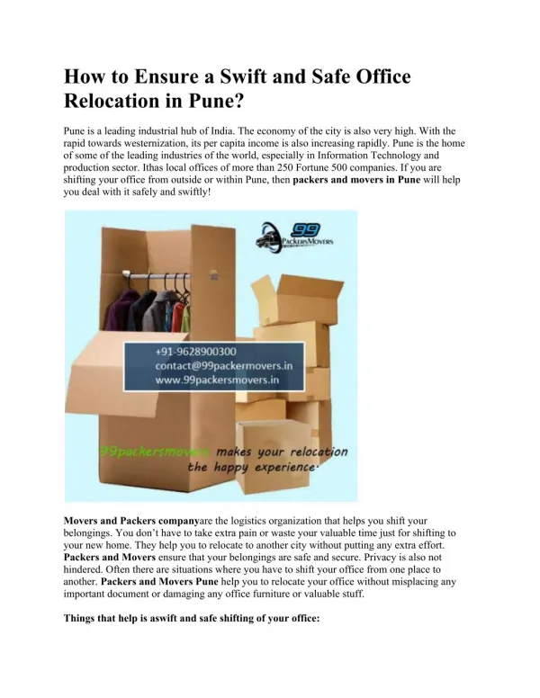 How to Ensure a Swift and Safe Office Relocation in Pune?