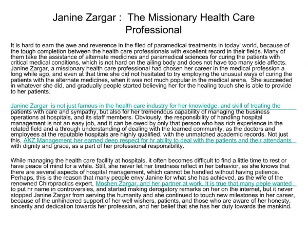 Janine Zargar- The Missionary Health Care Professional