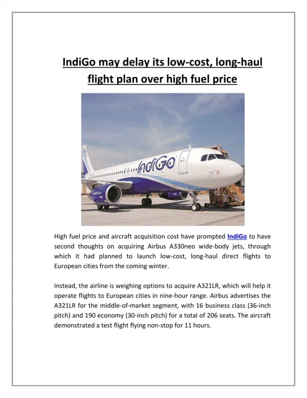 IndiGo May Delay Its Low-cost, Long-haul Flight Plan Over High Fuel Price