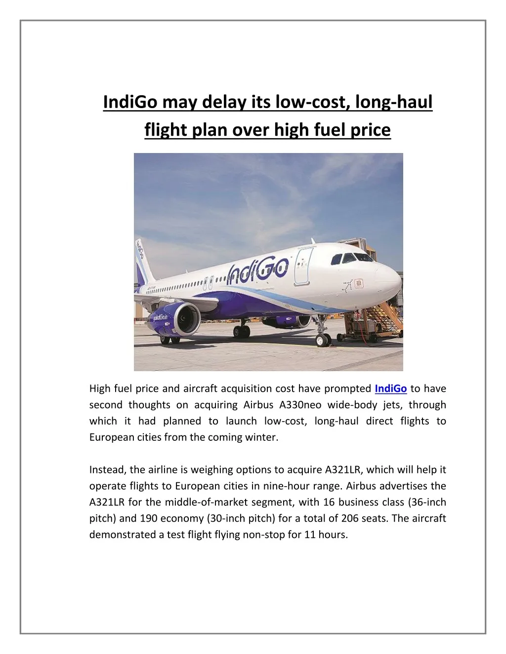 indigo may delay its low cost long haul flight