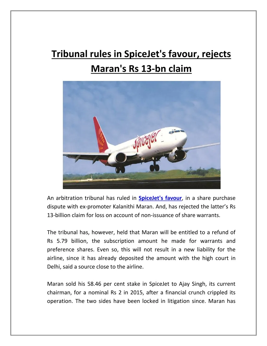 tribunal rules in spicejet s favour rejects maran