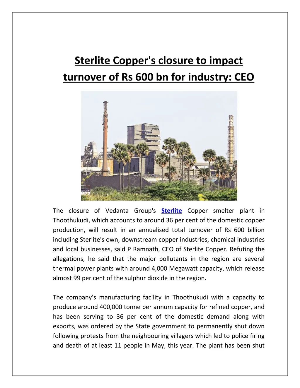 sterlite copper s closure to impact turnover