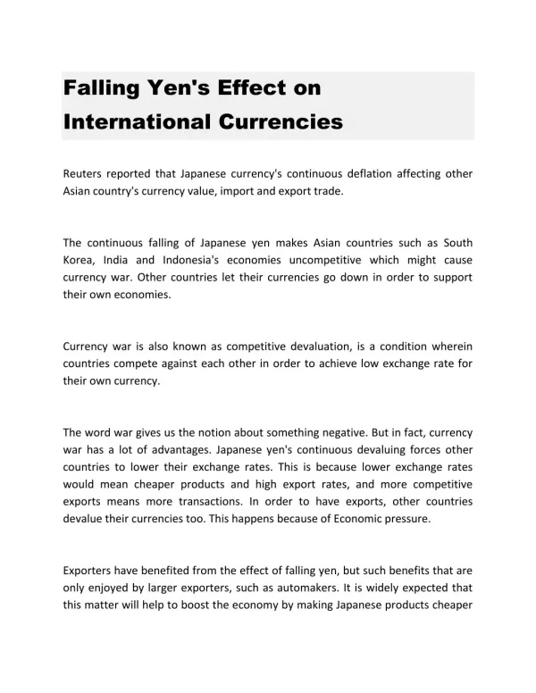 Falling Yen's Effect on International Currencies