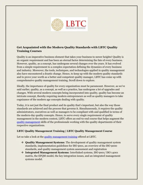 Get Acquainted with the Modern Quality Standards with LBTC Quality Training Courses