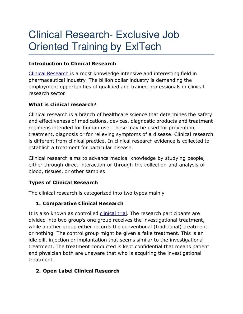 clinical research exclusive job oriented training by exltech