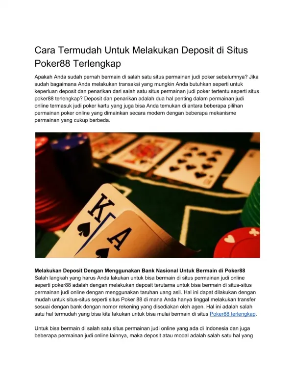 Cara Termudah Untuk Melakukan Deposit di Situs Poker88 Terlengkap
