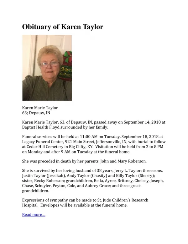 Obituary of Karen Taylor