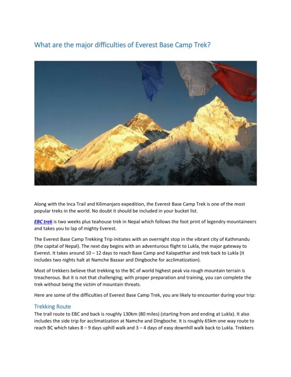 What are the major difficulties of Everest Base Camp Trek?