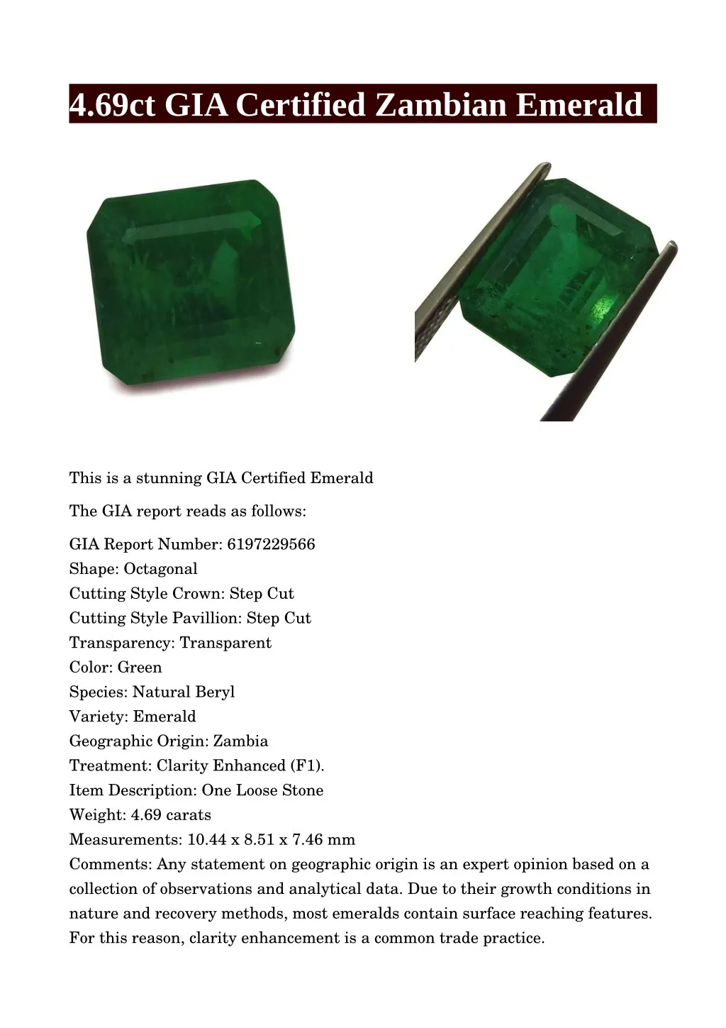 4 69ct gia certified zambian emerald