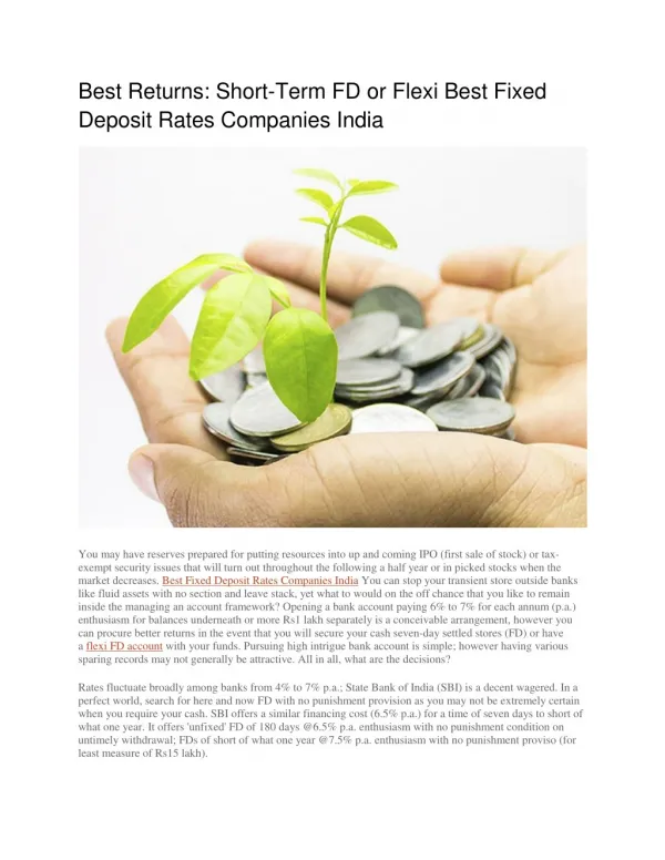 Best Returns: Short-Term FD or Flexi Best Fixed Deposit Rates Companies India