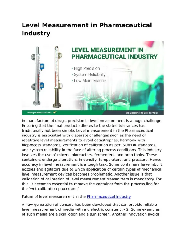 Level Measurement in Pharmaceutical Industry