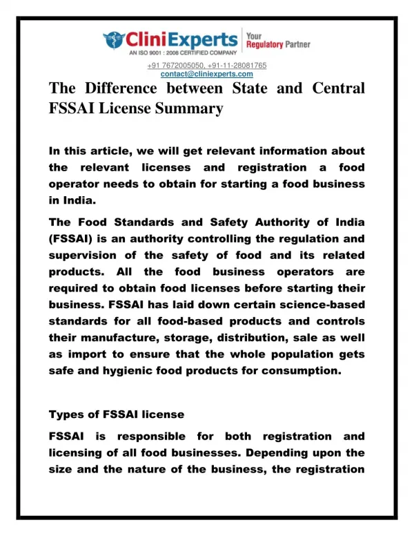 The Difference between State and Central FSSAI License Summary