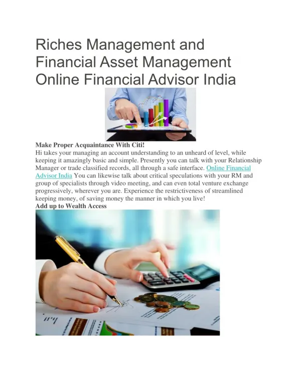 Riches Management and Financial Asset Management Online Financial Advisor India