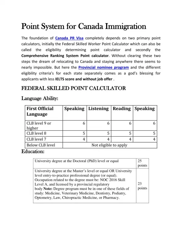 Point System for Canada Immigration