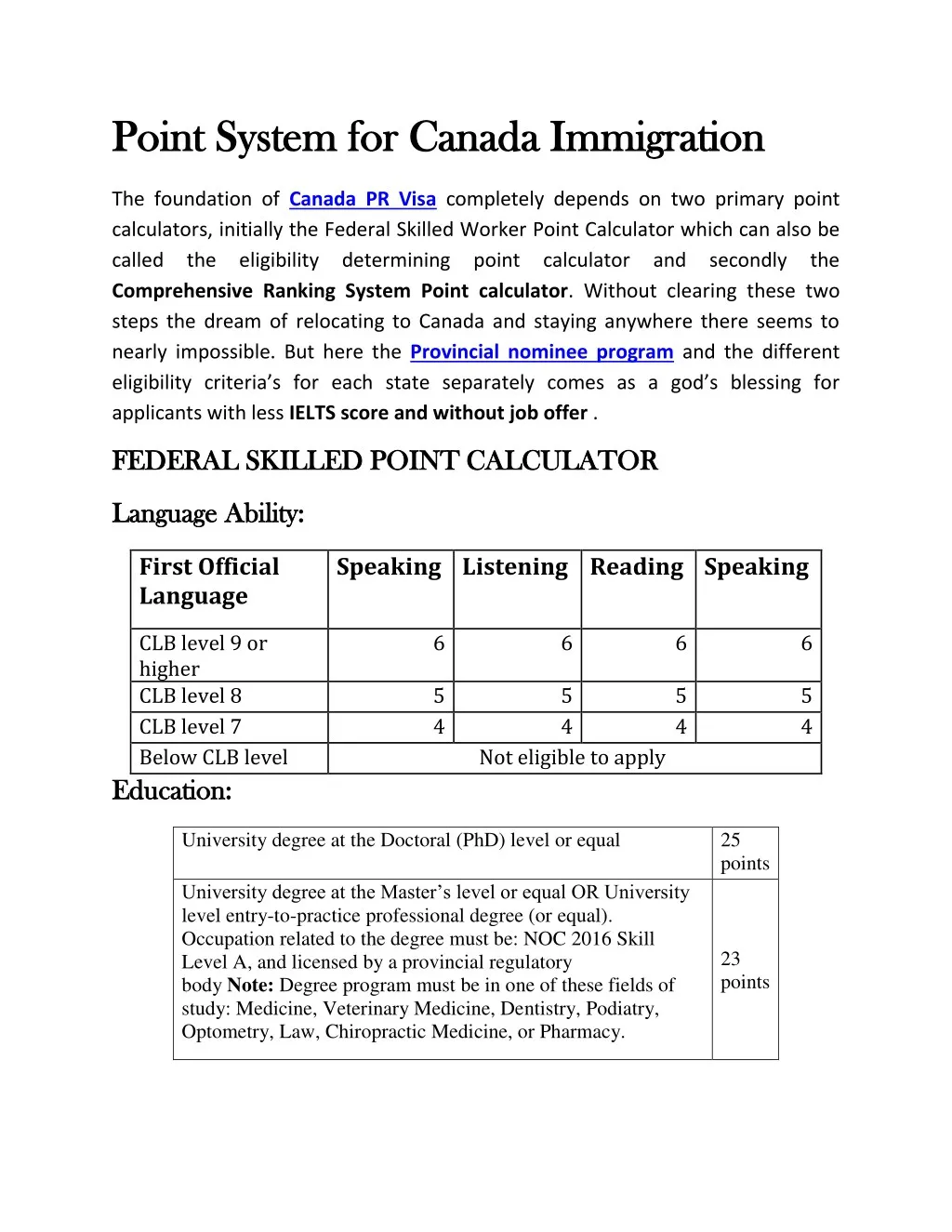 point system for canada immigration point system