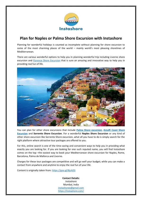Plan for Naples or Palma Shore Excursion with Instashore