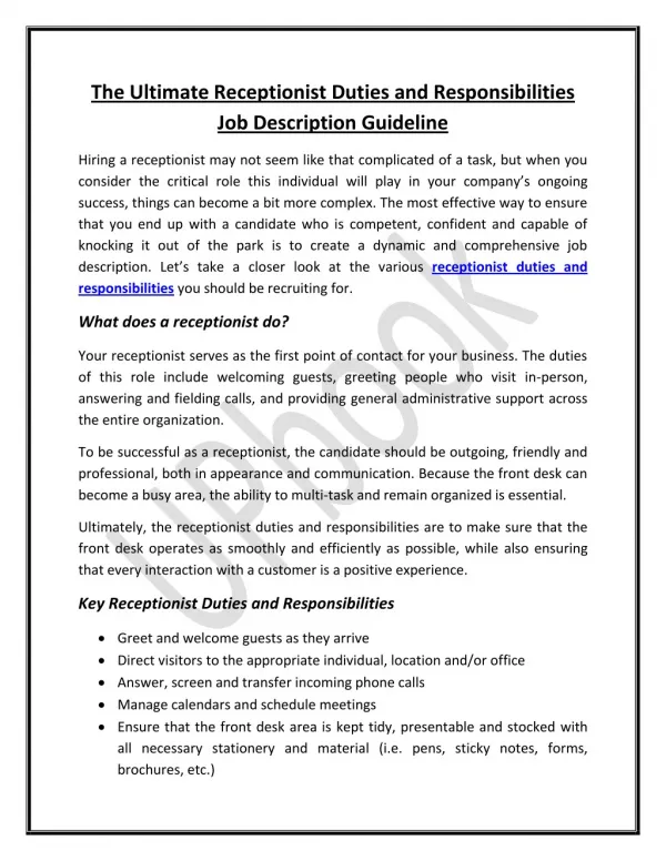 The Ultimate Receptionist Duties and Responsibilities Job Description Guideline