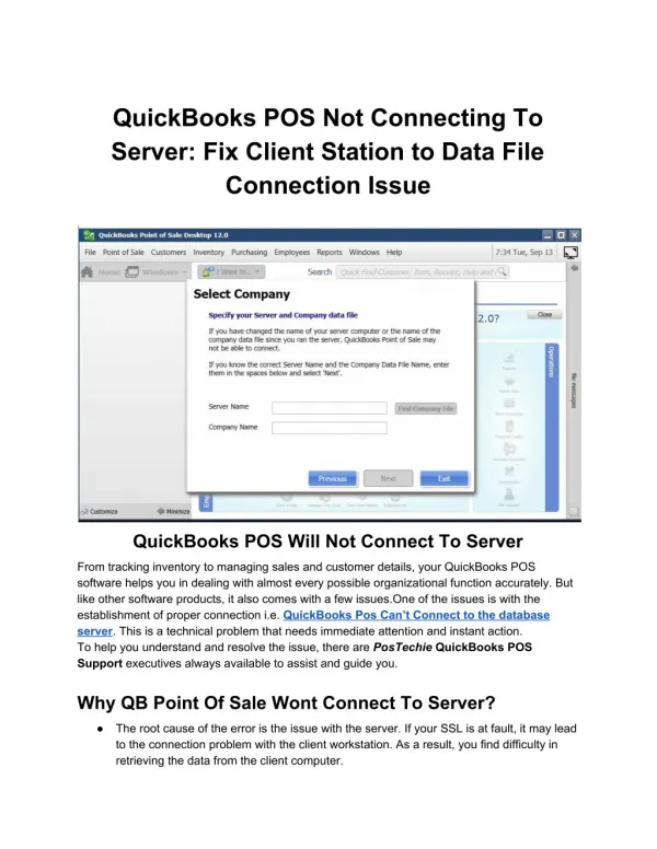 QuickBooks POS Not Connecting To Server: PosTechie Help & Support