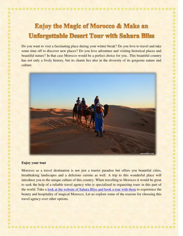 Enjoy the Magic of Morocco & Make an Unforgettable Desert Tour with Sahara Bliss